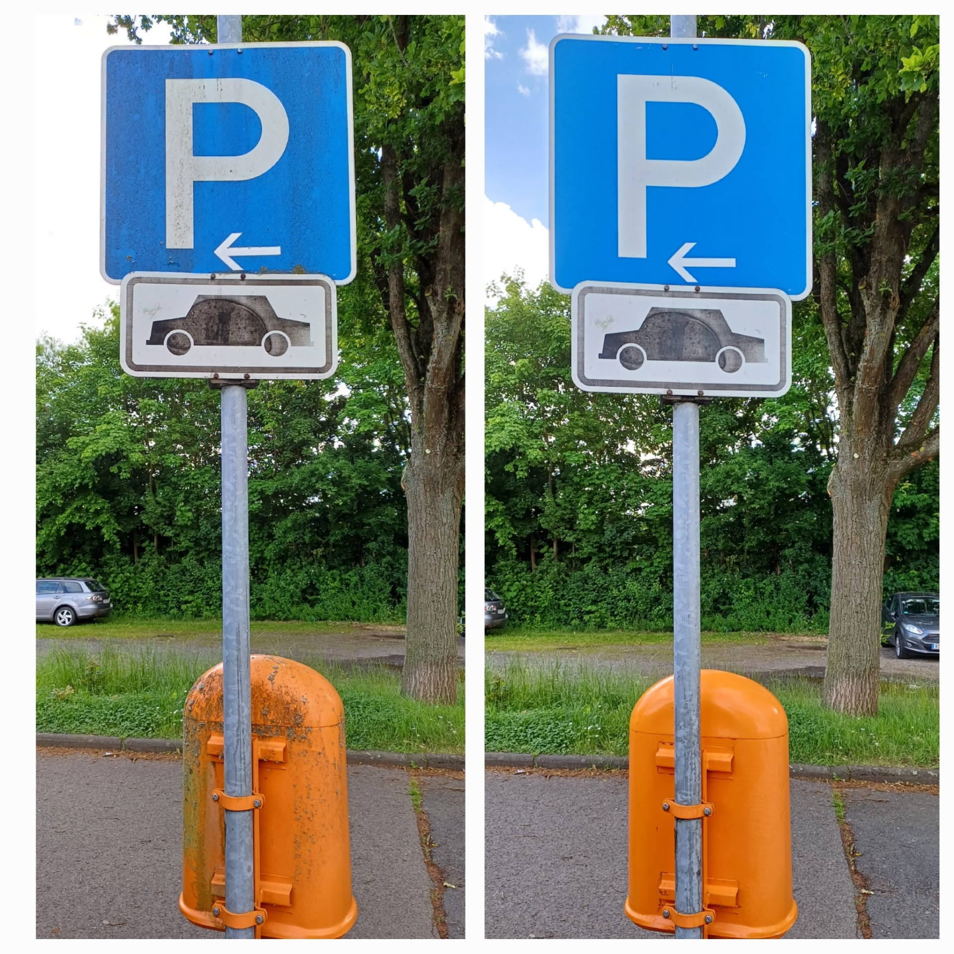 Parkplatzschild dreckig und sauber