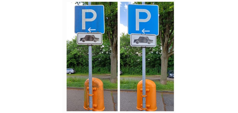 Parkplatzschild dreckig und sauber