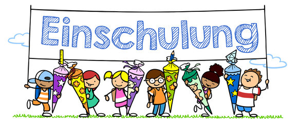 Zeichentrick-Kinder mit Schultüten bei der Einschulung