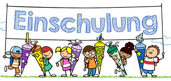 Zeichentrick-Kinder mit Schultüten bei der Einschulung