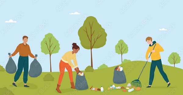Zeichnung Personen beim Müll sammeln