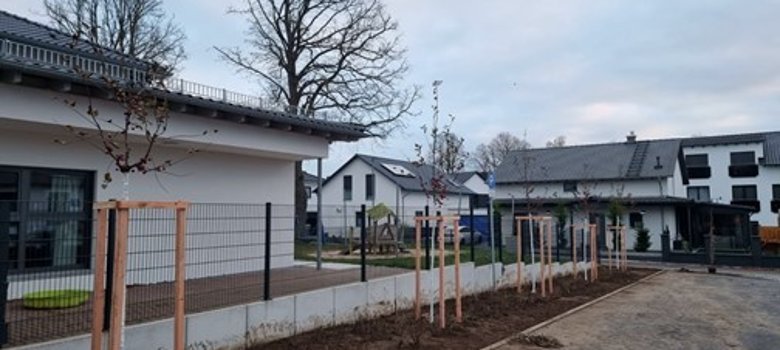Neu eingepflanzte Zierapfel-Baumreihe am Parkplatz der Kita An den Lindenbäumen Neu eingepflanzte Zierapfel-Baumreihe am Parkplatz der Kita An den Lindenbäumen