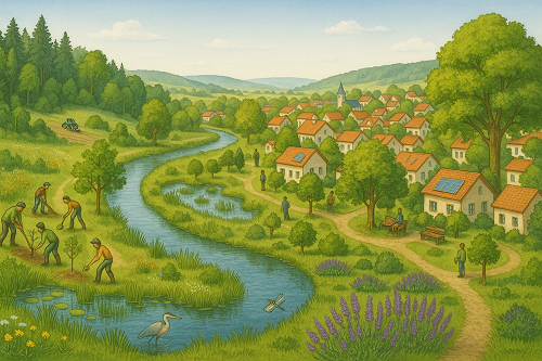 Landschaft mit Häusern und Flussdurchlauf