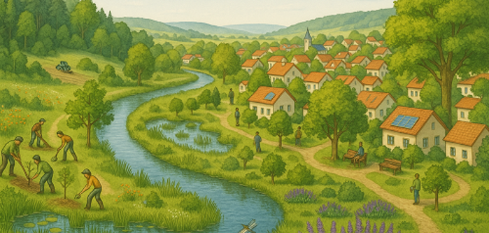 Landschaft mit Häusern und Flussdurchlauf
