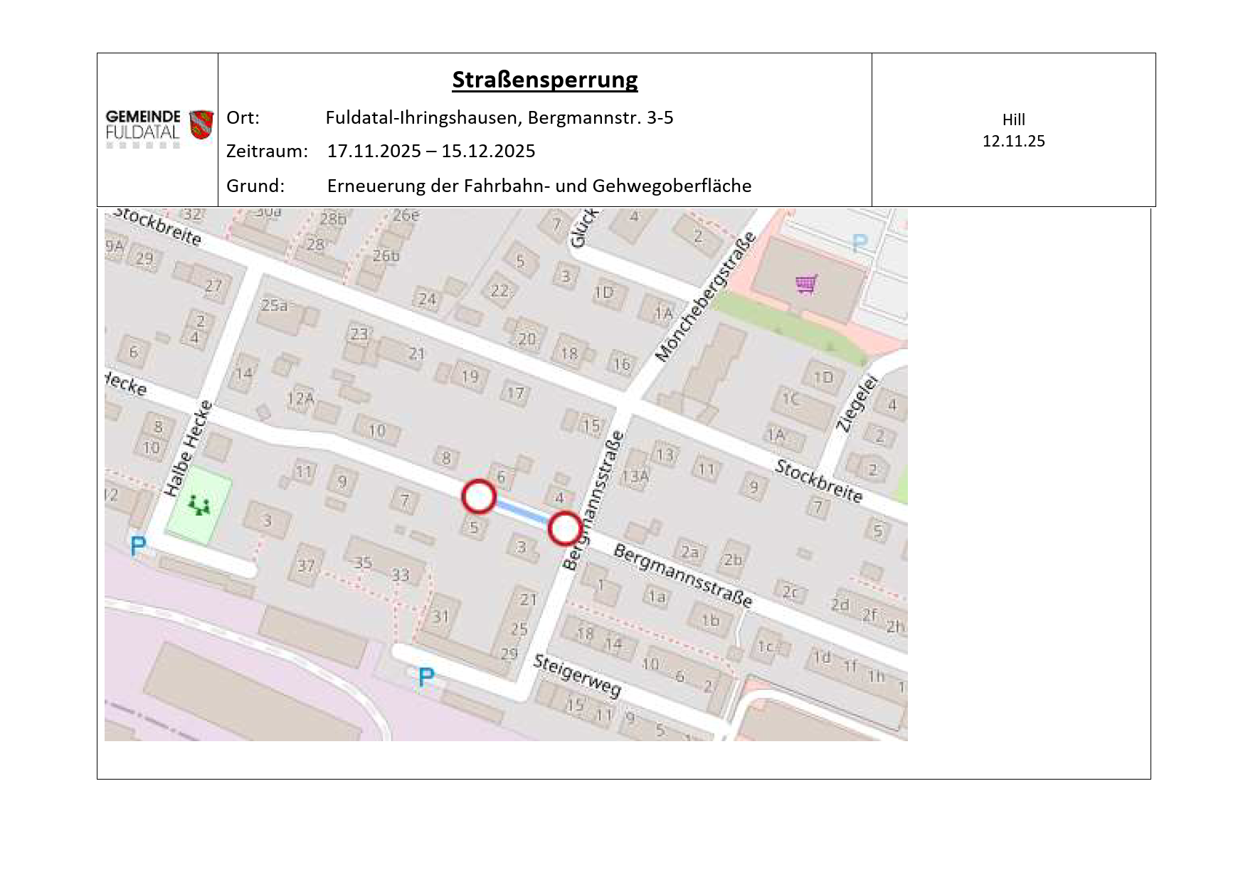 Sperrung Bergmannstraße