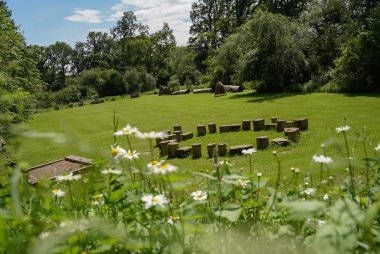 Bild vom Gelände der Vorschulgruppe HölleKids mit Sitzkreis aus Baumstämmen