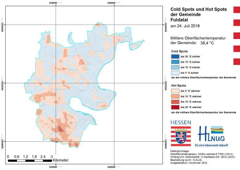 Auf einer Karte der Gemeinde Fuldatal sind die Oberflächentemperaturen dargestellt. Die Hotspots befinden sich im Siedlungsraum