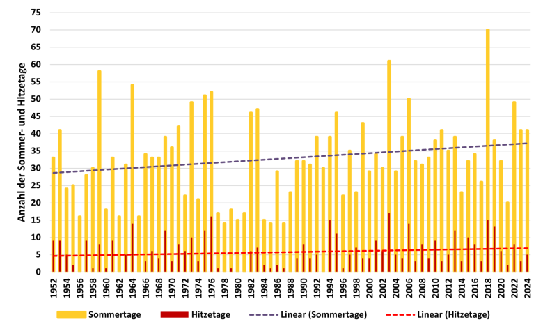 In einem Diagramm ist dargestellt wie viele Hitze- und Sommertage jedes Jahr vorkommen. Dabei ist ein zunehmender Trend für beide Indikatoren erkenntlich.